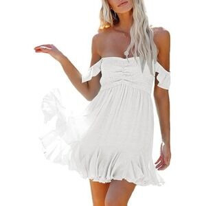 Fixmatti Women Summer Smock Tube Top  Off Shoulder Ruffles A-Line Flowy Dress M
